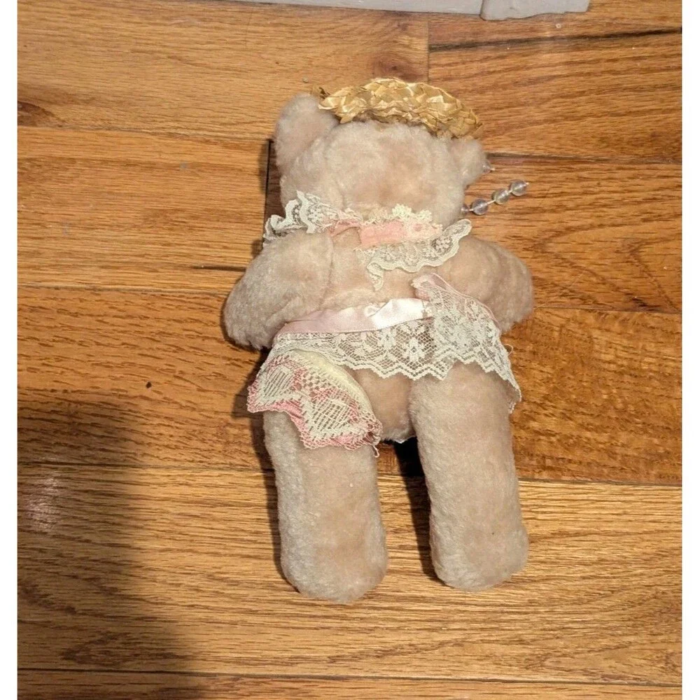 Vintage Plush Jointed Country Bear Straw Hat Lace Pearls 9